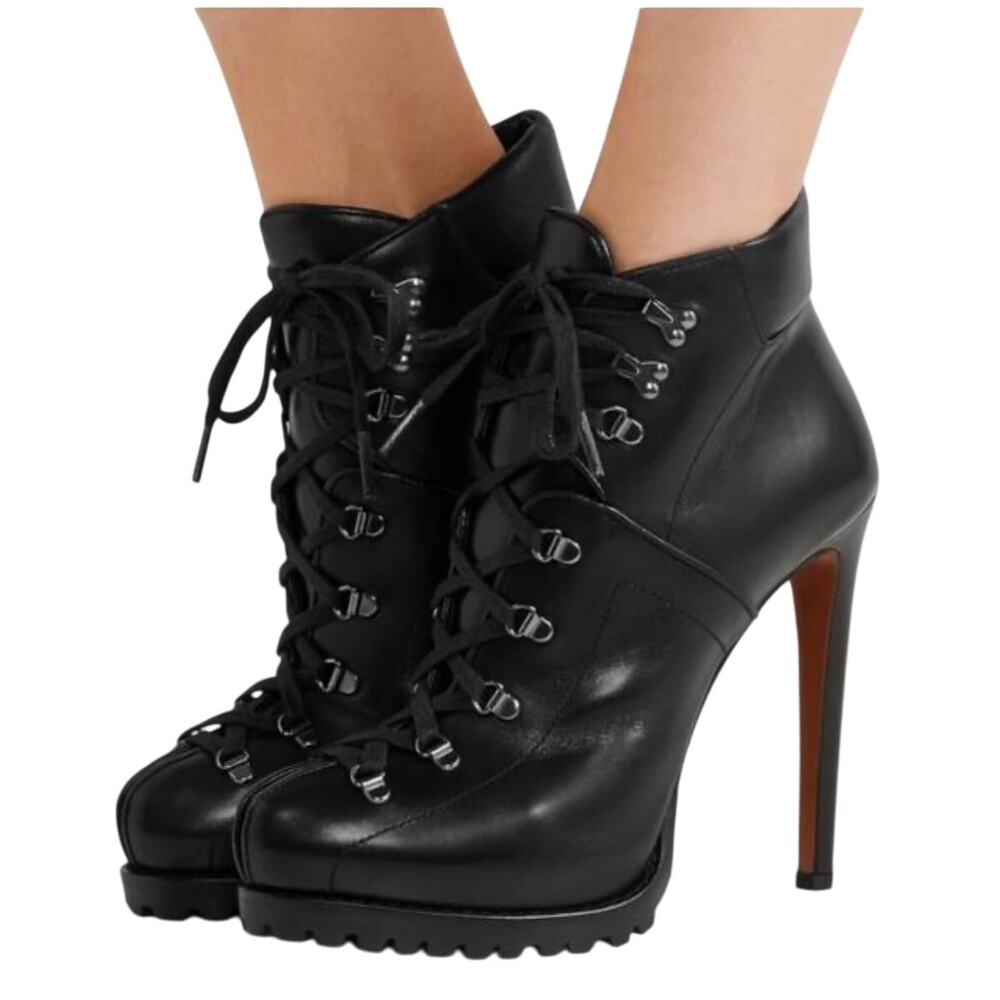 Alaïa Black Leather Hiker Ankle Boots EU 38 US 8 Trek Ankle Stiletto Lace up